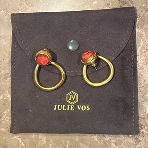 Julie Voss Doorknocker earrings Coral gemstones 24 Karat Gold plated Like new